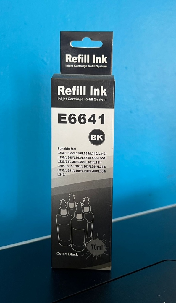 [E6641] BOTELLA DE TINTA EPSON NEGRA GENERICA 70ML COMPATIBLE CON L350, L355, L550, L555, L310, L313, L130, L365, L363, L455, L565, L551, L220, L101, L111, L201, L211, L301, L303, L351, L353, L358, L551, L100, L110, L200, L300, L210, ET2500/2550 70ML (4,500 PAGINAS)