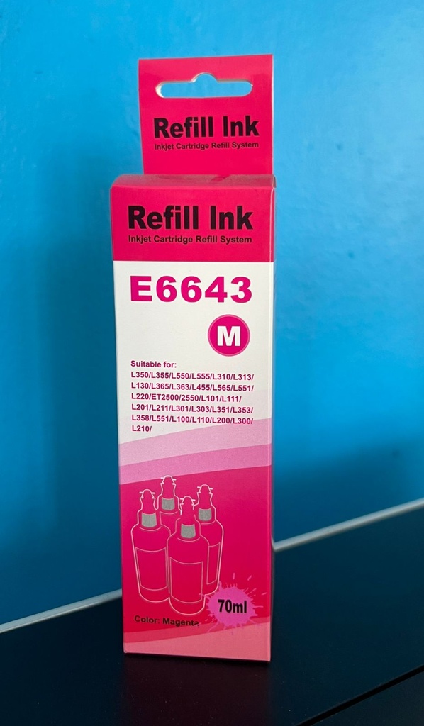 [E6643] BOTELLA DE TINTA EPSON MAGENTA GENERICA 70ML COMPATIBLE CON L350, L355, L550, L555, L310, L313, L130, L365, L363, L455, L565, L551, L220, L101, L111, L201, L211, L301, L303, L351, L353, L358, L551, L100, L110, L200, L300, L210, ET2500/2550 70ML (7,000 PAGINAS)