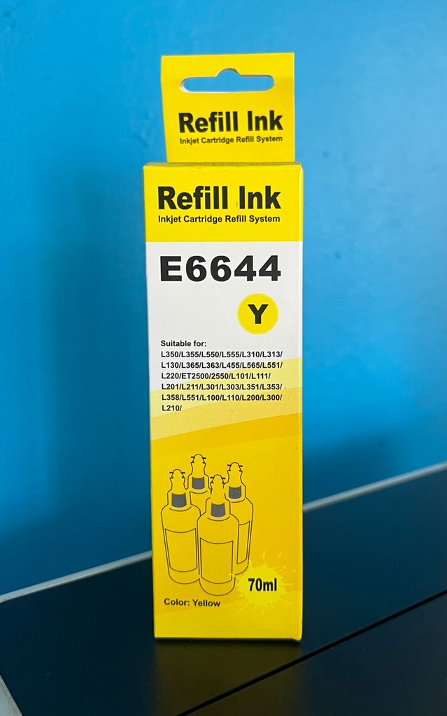 [E6644] BOTELLA DE TINTA EPSON YELLOW GENERICA 70ML COMPATIBLE CON L350, L355, L550, L555, L310, L313, L130, L365, L363, L455, L565, L551, L220, L101, L111, L201, L211, L301, L303, L351, L353, L358, L551, L100, L110, L200, L300, L210, ET2500/2550 70ML (7,000 PAGINAS)