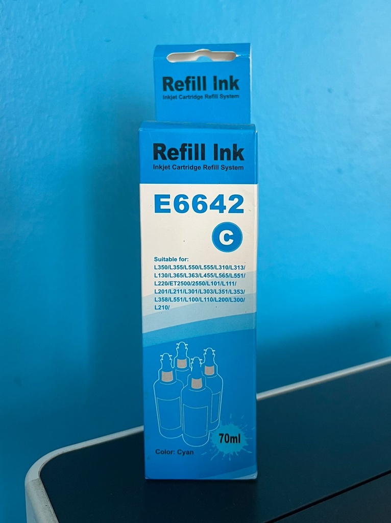 [E6642] BOTELLA DE TINTA EPSON CYAN GENERICA 70ML COMPATIBLE CON L350, L355, L550, L555, L310, L313, L130, L365, L363, L455, L565, L551, L220, L101, L111, L201, L211, L301, L303, L351, L353, L358, L551, L100, L110, L200, L300, L210, ET2500/2550 70ML (7,000 PAGINAS)